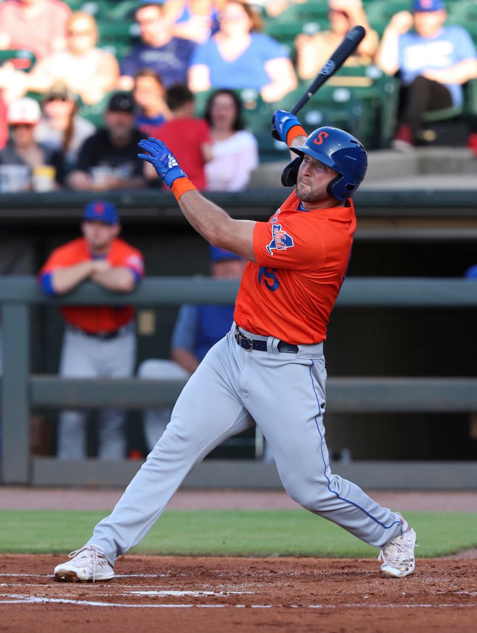 Tim Tebow (15) of the Syracuse Mets hit a pop-fly that was caught in left field during their game against the Louisville Bats at Slugger Field.May 7, 2019