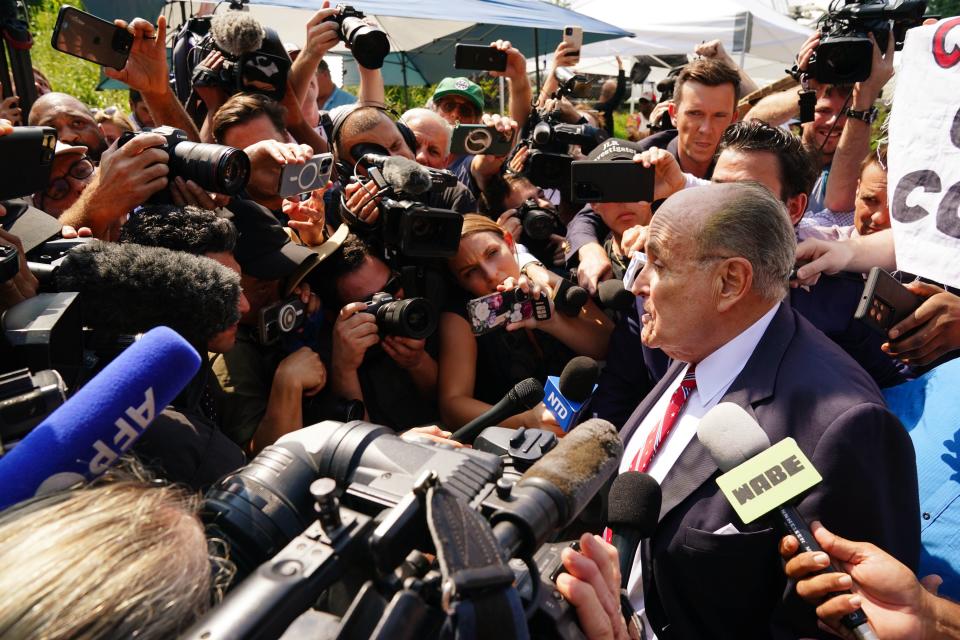 Former Trump attorney Rudy Giuliani speaks with the media after being processed at the Fulton County Jail. A grand jury in Fulton County, Georgia indicted Donald Trump. The indictment includes 41 charges against 19 defendants, from the former president to his former attorney Rudy Guiliani and former White House Chief of Staff Mark Meadows. The legal case centers on the stateÕs RICO statute, the Racketeer Influenced and Corrupt Organizations Act.