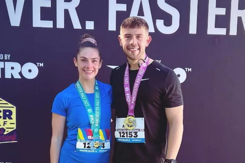 Isabel with her fiancé Adam Whitehead after running a half marathon