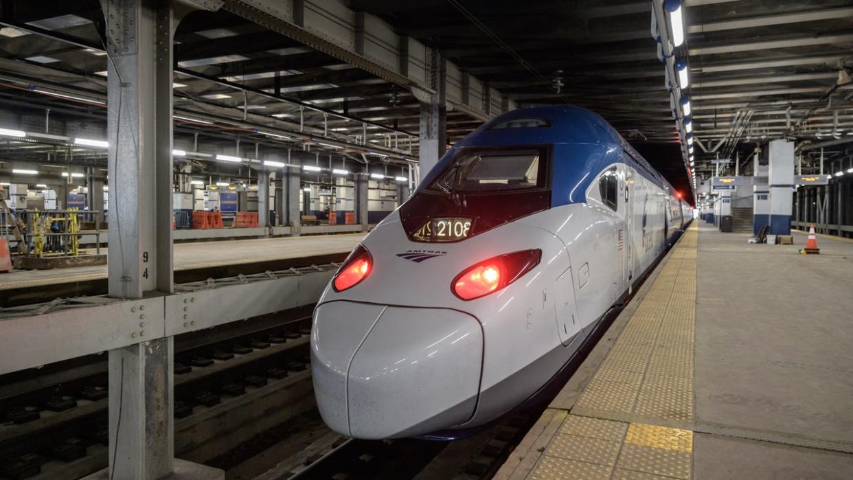 <div>A general view shows the Avelia Liberty, a high-speed train built for US rail operator Amtrak by French manufacturer Alstom, during a media preview at the William H. Gray III 30th Street Station in Philadelphia on May 23, 2022. (Photo by Ed JONES / AFP) (Photo by ED JONES/AFP via Getty Images)</div>