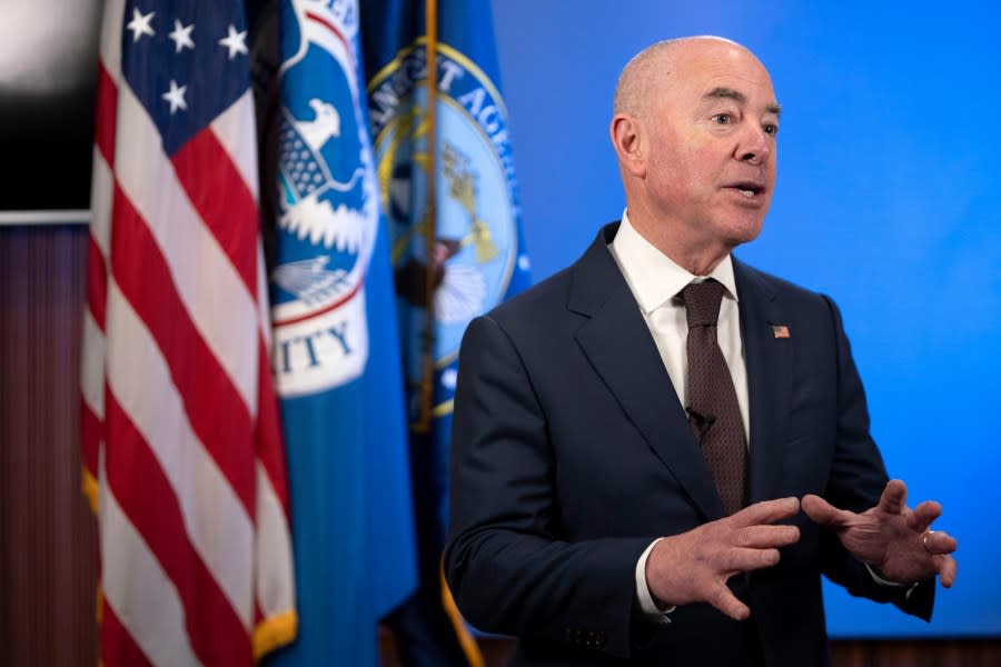 Homeland Security Secretary Alejandro Mayorkas speaks to the Associated Press during an interview at the headquarters of the Federal Emergency Management Agency (FEMA) on Friday, June 21, 2024, in Washington. (AP Photo/Mark Schiefelbein)