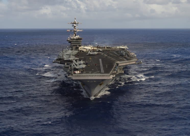 The aircraft carrier USS Carl Vinson, one of the United States is deploying to the Korean Peninsula. (Handout via Reuters)