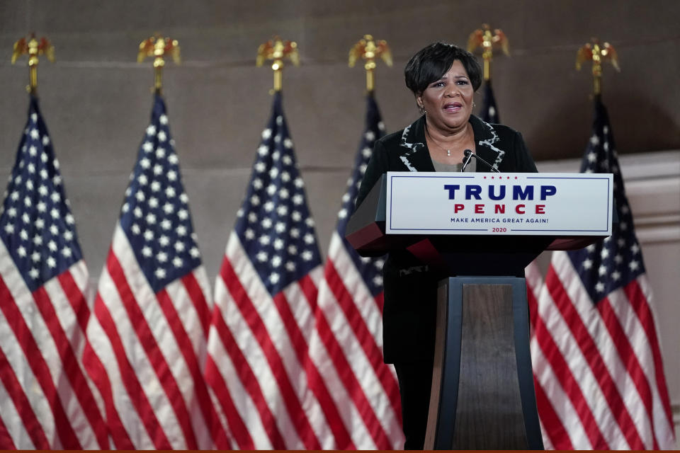 Alice Johnson, who was pardoned by President Donald Trump, tapes her speech for the fourth day of the Republican National Convention from the Andrew W. Mellon Auditorium in Washington, Thursday, Aug. 27, 2020. (AP Photo/Susan Walsh)