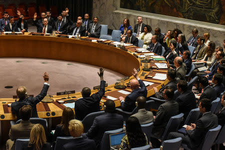 Ambassadors to the UN vote during a United Nations Security Council meeting on North Korea in New York City, U.S., September 11, 2017. REUTERS/Stephanie Keith