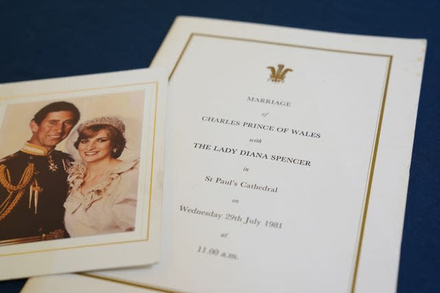 An order of service from the royal wedding was among a series of handwritten letters sent by Diana, Princess of Wales