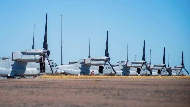 United States Marine Corps MV-22B Osprey tiltrotor aircraft are parked at RAAF Base Darwin, Australia