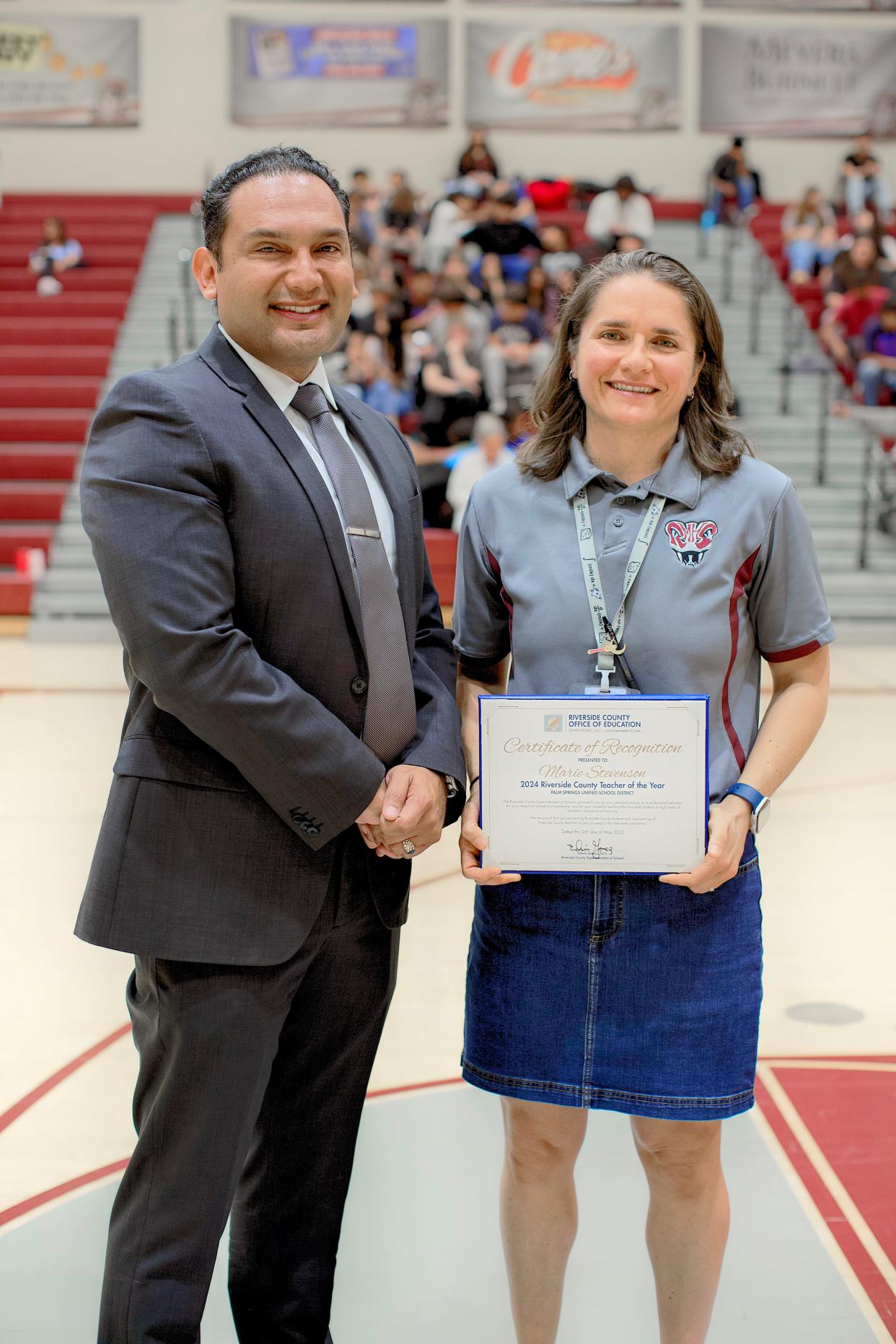 Rancho Mirage High School math teacher Marie Stevenson is named a Riverside County Teacher of the Year in a surprise announcement by Riverside County Superintendent of Schools Edwin Gomez in Rancho Mirage, Calif., on May 26, 2023.