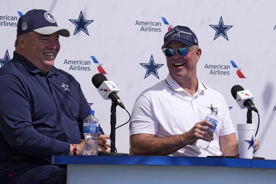 Dallas Cowboys head coach Mike McCarthy, left, speaks during a news conference along with executive vice president, CEO, and director of player personnel, Stephen Jones ahead of the NFL football team's training camp Tuesday, July 25, 2023, in Oxnard, Calif. (AP Photo/Mark J. Terrill)