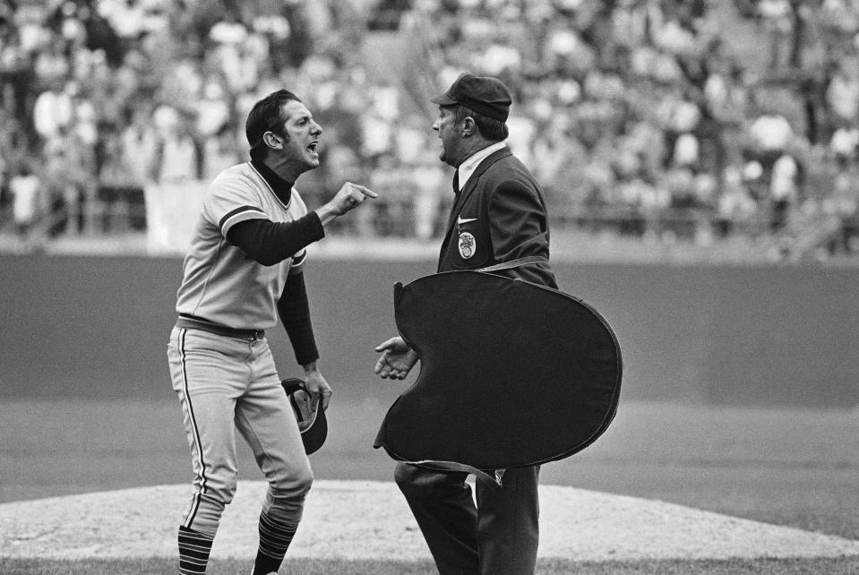 Manager Billy Martin of the Detroit Tigers and home plate umpire Nestor Chylak go at it in the seventh inning in Oakland, Oct. 9, 1972.