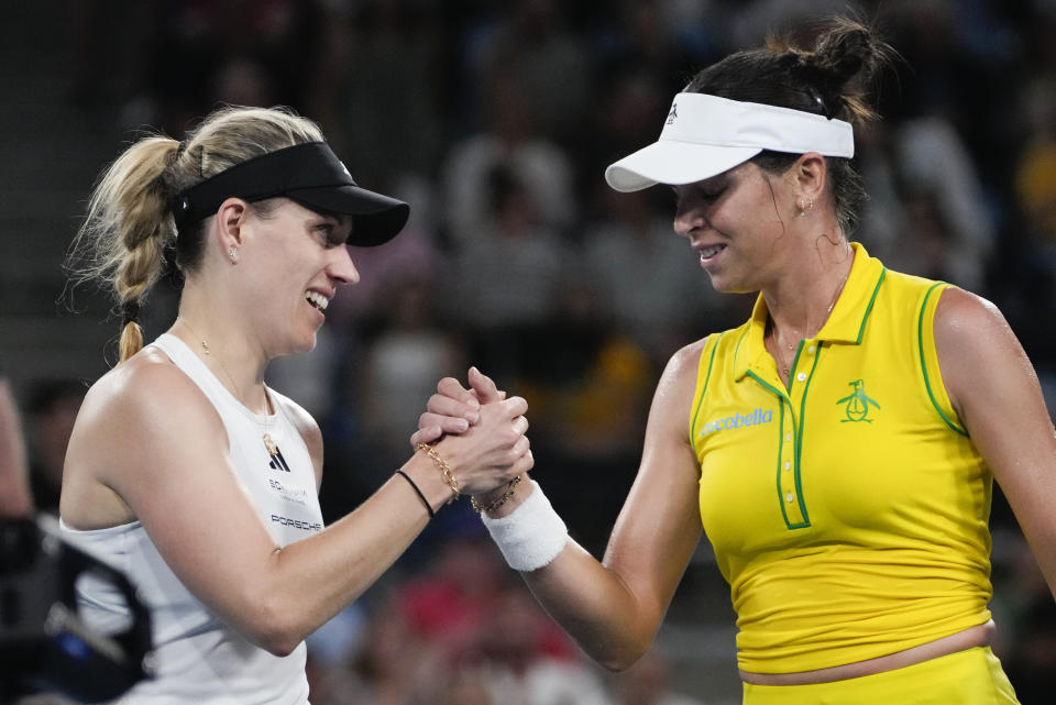 Germany's Angelique Kerber, left, is congratulated by Australia's Ajla Tomljanovic following their United Cup semifinal tennis match in Sydney, Australia, Saturday, Jan. 6, 2024. (AP Photo/Mark Baker)