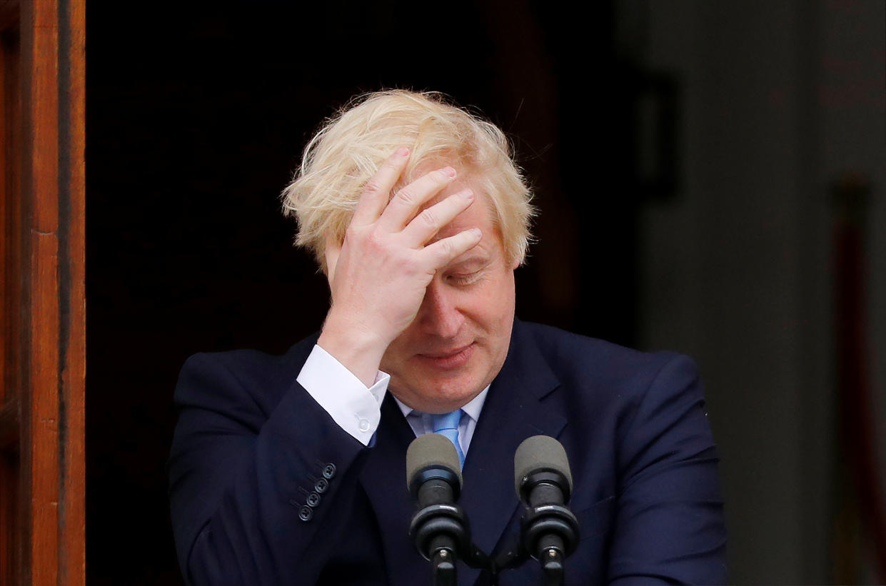 Britain's Prime Minister Boris Johnson reacts during a meeting with Ireland's Prime Minister (Taoiseach) Leo Varadkar in Dublin, Ireland, September 9, 2019. REUTERS/Phil Noble