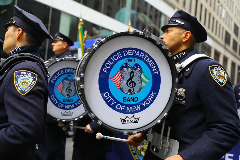 The NYPD band member awaits the start of the St. Patrick's Day Parade, March 16, 2019, in New York. (Photo: Gordon Donovan/Yahoo News) 