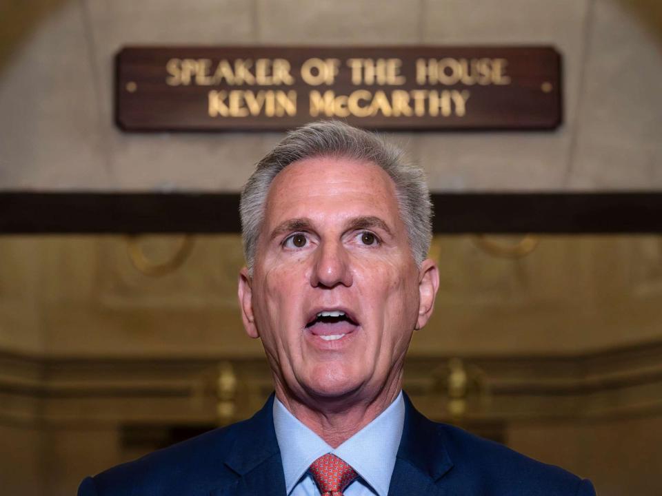 PHOTO: Speaker of the House Kevin McCarthy, R-Calif., speaks at the Capitol in Washington, Sept. 12, 2023. McCarthy says he's directing a House committee to open a formal impeachment inquiry into President Joe Biden. (J. Scott Applewhite/AP)