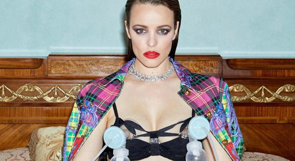 Rachel McAdams wears a Versace outfit and breast pump on a shoot for Girls Girls Girls. [Photo: Instagram]