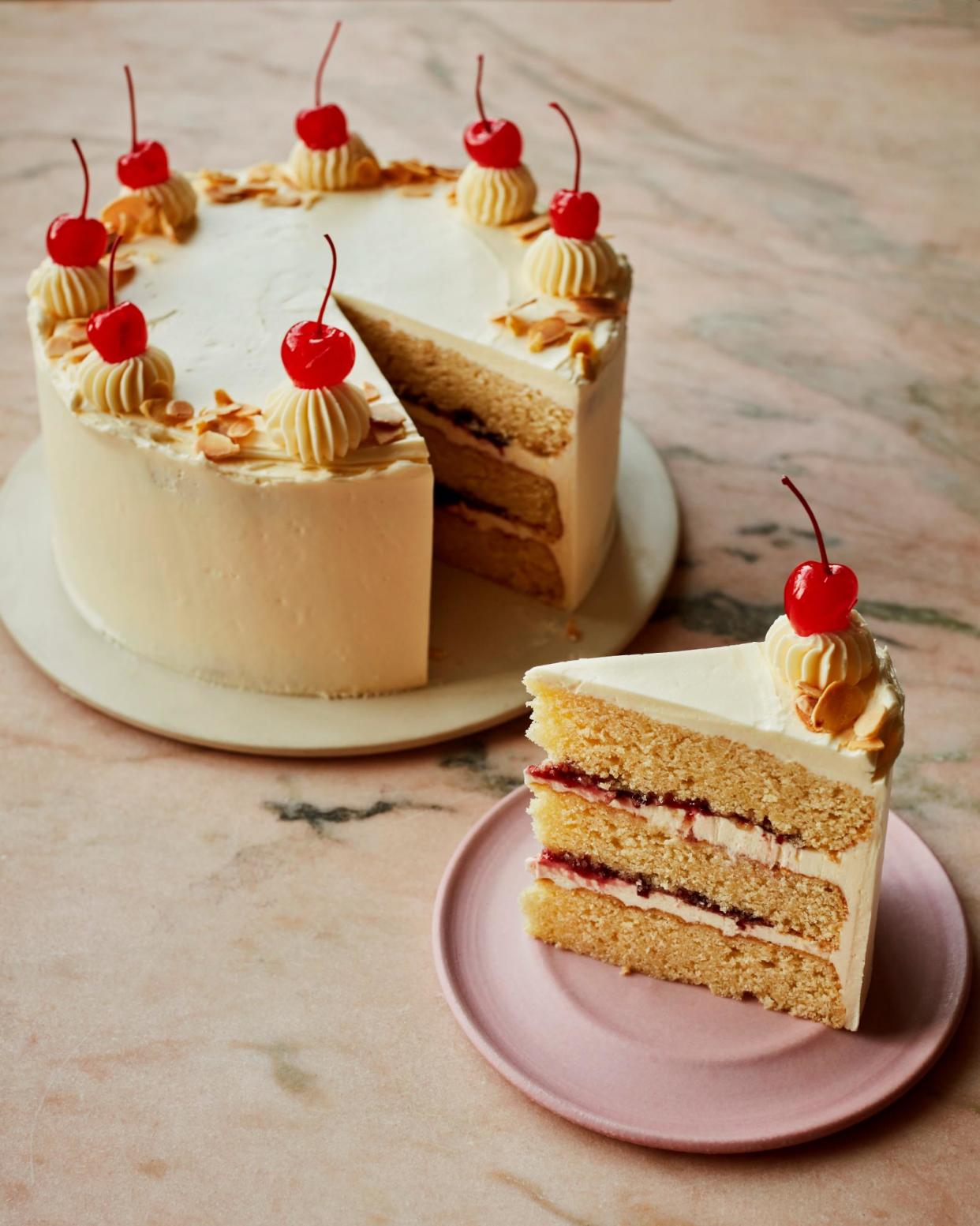 <span>Benjamina Ebuehi’s cherry bakewell cake.</span><span>Photograph: Laura Edwards/The Guardian. Food styling: Benjamina Ehuehi. Prop styling: Anna Wilkins. Food styling assistant: Lucy Turnbull.</span>