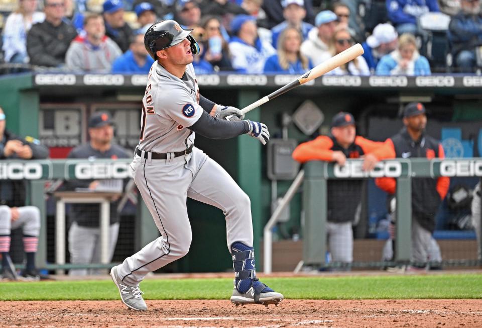 Tigers first baseman Spencer Torkelson singles during the sixth inning of the Tigers' 3-1 loss to the Royals on Saturday, April, 16, 2022, in Kansas City, Missouri.