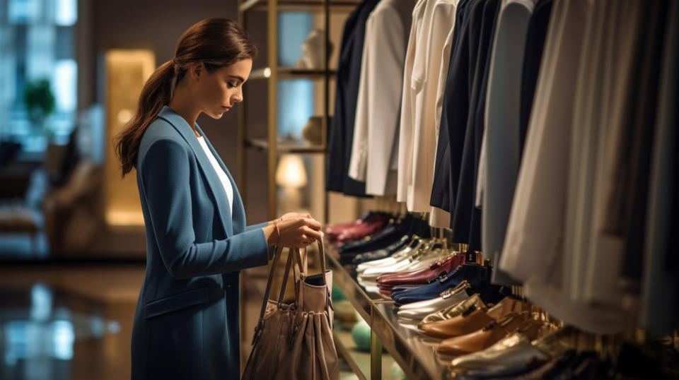 A smartly dressed woman browsing a selection of designer clothing in an upscale retail store.