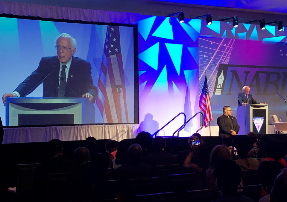 Democratic presidential nominee candidate Senator Bernie Sanders addresses the National Association of Black Journalists convention in Aventura, Florida, U.S. August 8, 2019.  REUTERS/Conway Gittens