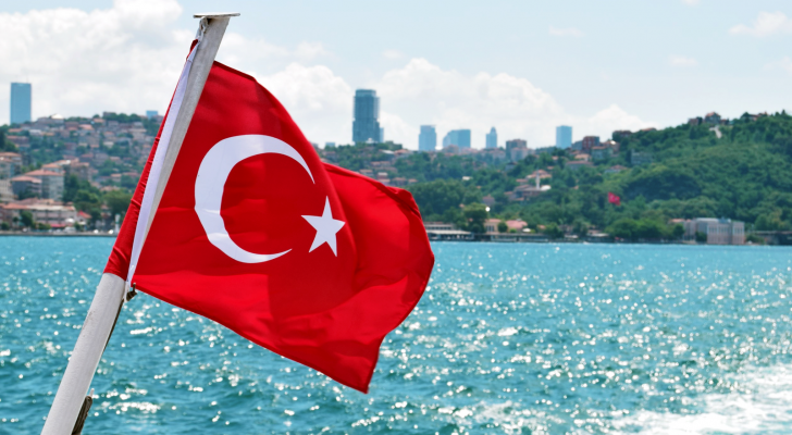 Turkish flag with city in background