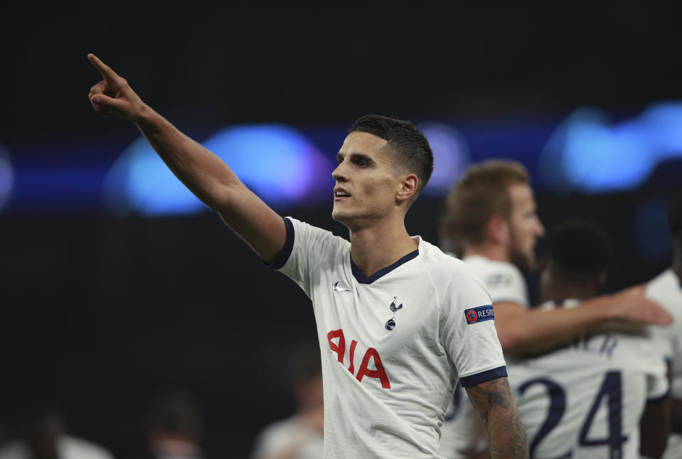 Tottenham's Erik Lamela celebrates after scoring his side's fourth goal during the Champions League, group B, soccer match between Tottenham and Red Star Belgrade, at the Tottenham Hotspur stadium in London, Tuesday, Oct. 22, 2019. (AP Photo/Ian Walton)