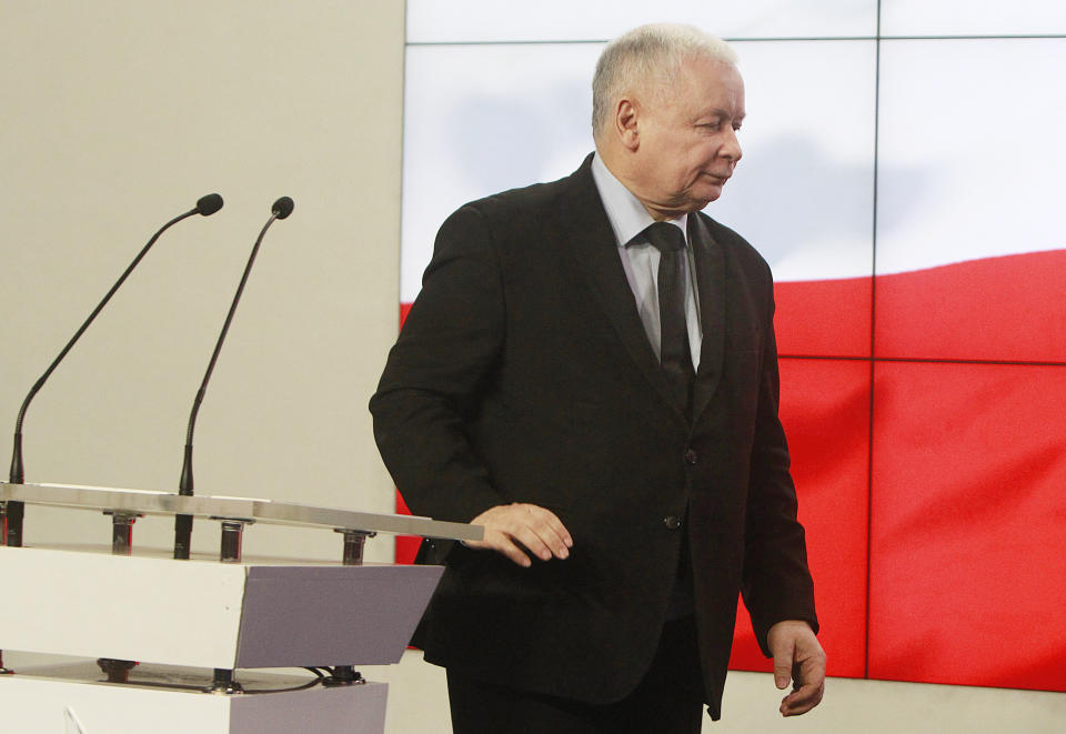 FILE - In this March 13, 2017 file photo, Jaroslaw Kaczynski, the leader of Poland's ruling Law and Justice, leaves after a news conference in Warsaw, Poland. The 70-year-old Kaczynski said Sunday July 14, 2019, that he plans to step down at some point to make way for a new party leader in 2023. (AP Photo/Czarek Sokolowski, File)