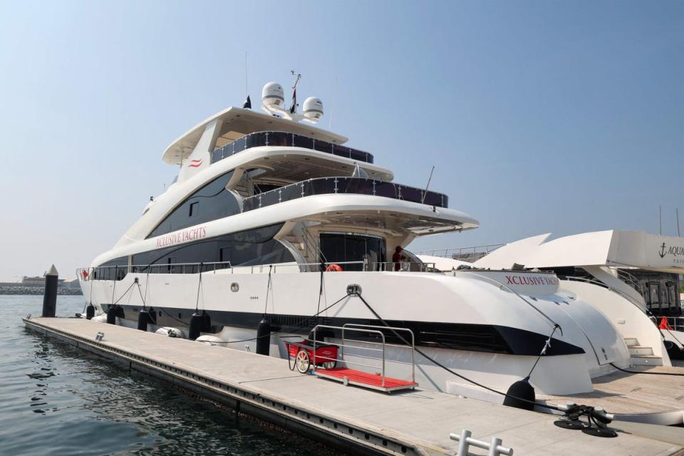 A yacht, docked in Dubai Harbour, that can be rented by fans during the World Cup (AFP via Getty Images)