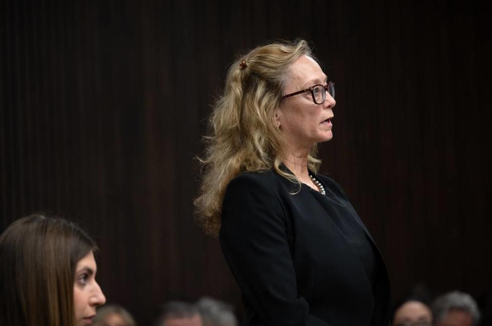 Paula Mitchell, director of the Los Angeles Innocence Project, speaks on behalf of Scott Peterson during a status conference at San Mateo County Superior Court in Redwood City, Calif., Tuesday, March 12, 2024. The Modesto Bee/ Andy Alfaro/ Pool