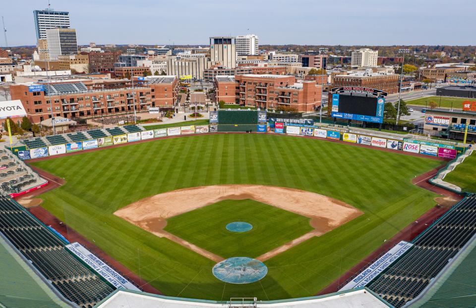 An aerial view taken at Four Winds Field at Coveleski Stadium shows downtown South Bend on Wednesday, Nov. 10, 2021.