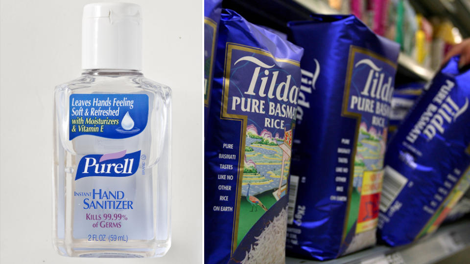 A transaction limit on hand sanitiser and rice will be enforced at Woolworths. Pictured is a stock image of hand sanitiser and bags of rice on a shelf.