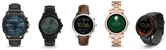 A lineup of Fossil's smartwatches