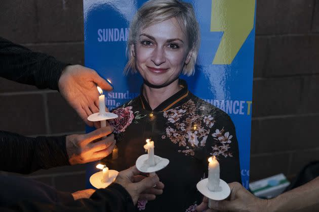 Local residents and members of the film community gathered Saturday to mourn the loss of cinematographer Halyna Hutchins. (Photo: Anadolu Agency via Getty Images)