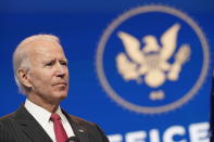 President-elect Joe Biden, accompanied by Vice President-elect Kamala Harris, speaks at The Queen theater, Thursday, Nov. 19, 2020, in Wilmington, Del. (AP Photo/Andrew Harnik)