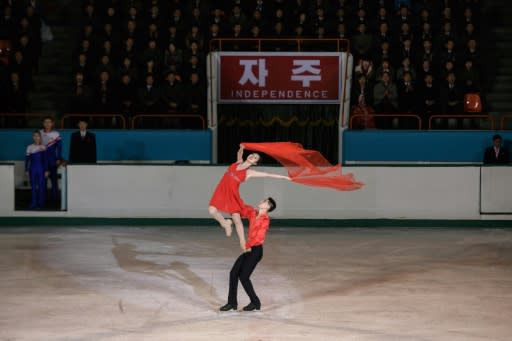Skaters dazzled the crowd gathered to celebrate the birthday of late North Korean leader Kim Jong Il