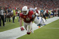Arizona Cardinals wide receiver Larry Fitzgerald (11) can't make the catch in the end zone as Detroit Lions cornerback Justin Coleman defends during overtime of an NFL football game, Sunday, Sept. 8, 2019, in Glendale, Ariz. The Lions and Cardinals played to a 27-27 tie in overtime. (AP Photo/Rick Scuteri)