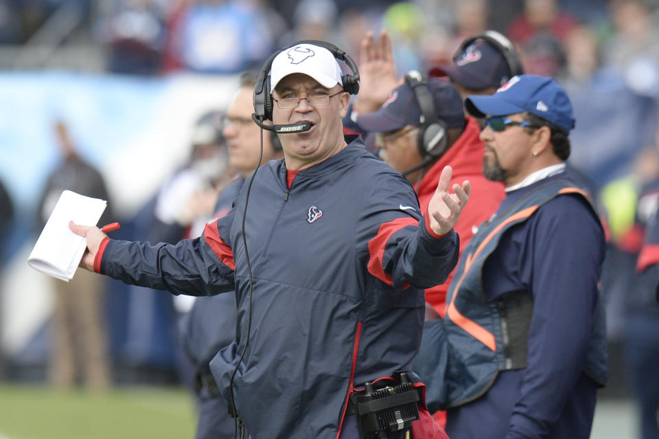 Houston Texans head coach Bill O'Brien objects to a call in the first half of an NFL football game against the Tennessee Titans Sunday, Dec. 15, 2019, in Nashville, Tenn. (AP Photo/Mark Zaleski)
