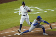 Toronto Blue Jays third baseman Vladimir Guerrero Jr. fields the throw as New York Yankees Aaron Judge, left, is thrown out at first base during the sixth inning of a baseball game Wednesday, Sept. 16, 2020, in New York. (AP Photo/Frank Franklin II)