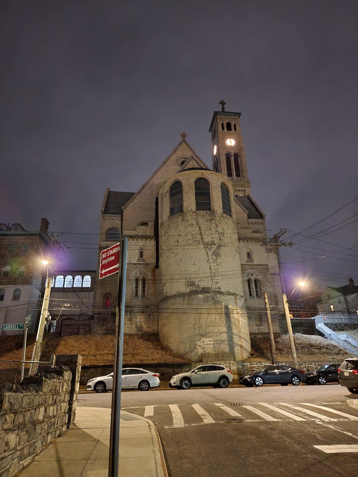 Church exterior at night