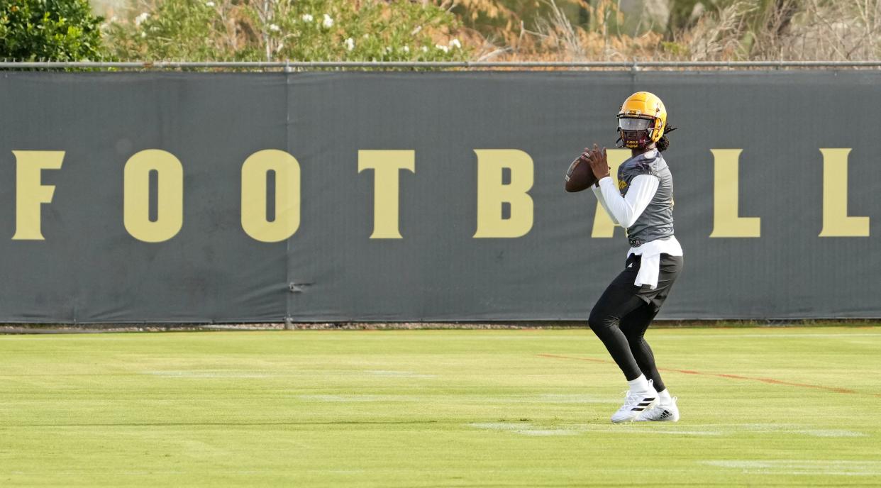 Aug 3, 2022; Tempe, Arizona, USA; Arizona State quarterback Emory Jones (5) during workouts at the Kajikawa practice field.