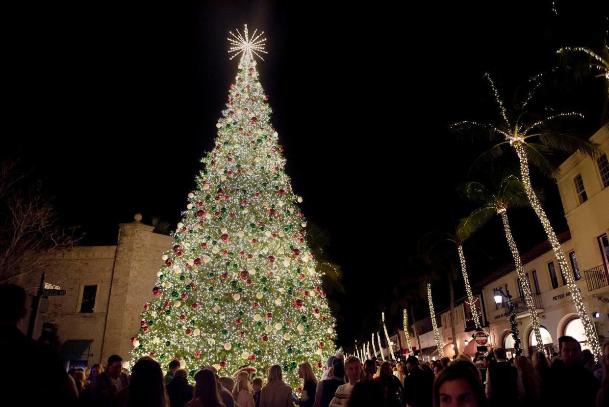 Hundreds attend the holiday tree lighting at Worth Avenue and Hibiscus Avenue November 28, 2023 in Palm Beach.