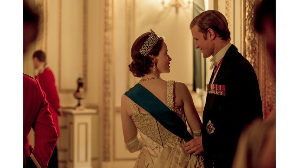 Elizabeth and Philip enjoy a private moment at the Ambassadors Ball in The Crown