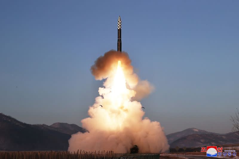 A Hwasong-18 intercontinental ballistic missile is launched during a drill