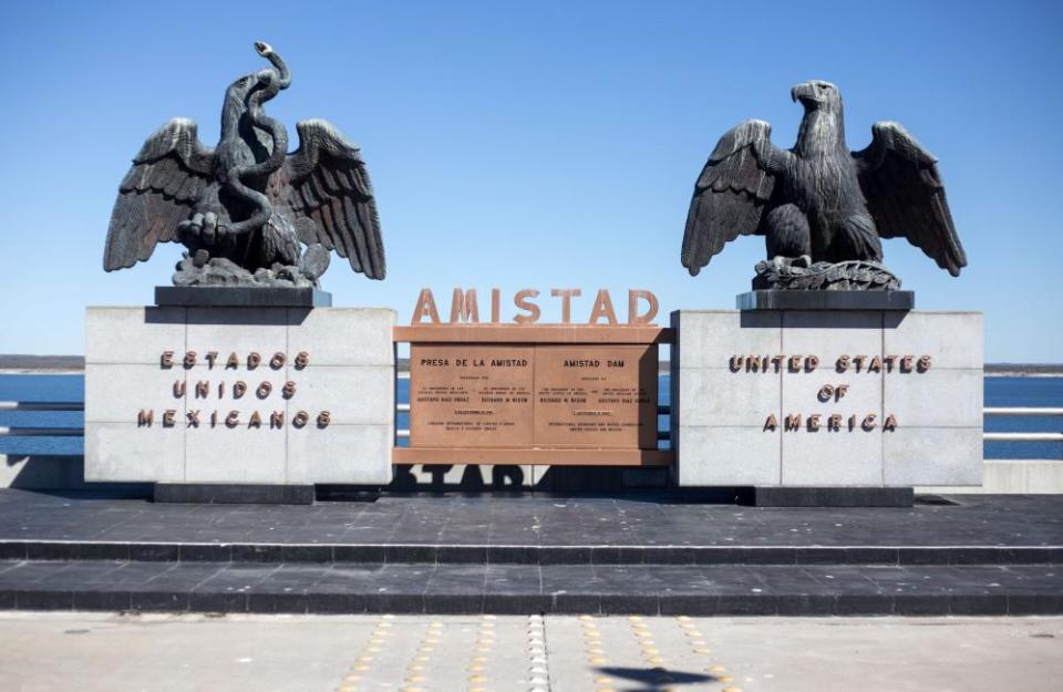 Sculptures on the international boundary at Amistad reservoir on the US/Mexico border near Ciudad Acuña