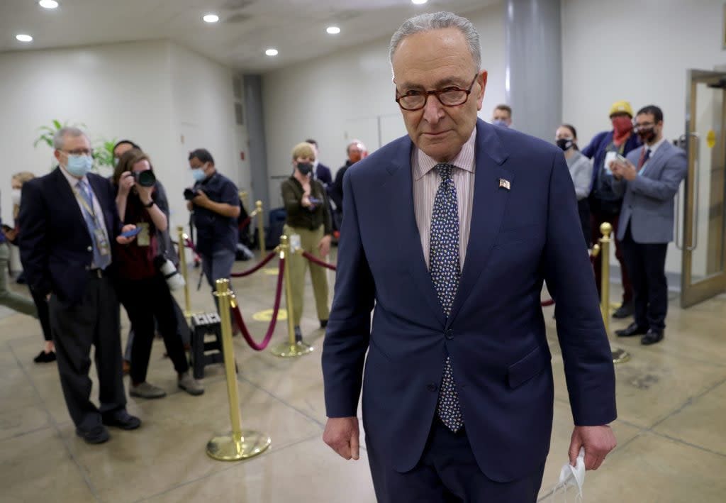 Senate Majority Leader Chuck Schumer (D-NY) finishes brief remarks before reporters on the second day of former President Donald Trump’s second impeachment trial at the U.S. Capitol on February 10, 2021 in Washington, DC. (Photo by Win McNamee/Getty Images)