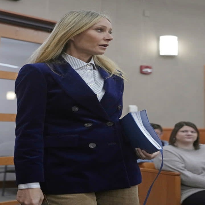 Paltrow ended the trial in a navy corduroy Bianca jacket by Bella Freud, originally priced at $1,000 but you can get it on sale now for $400. The sleek Italian cotton patch pockets whisper well-traveled luxury.