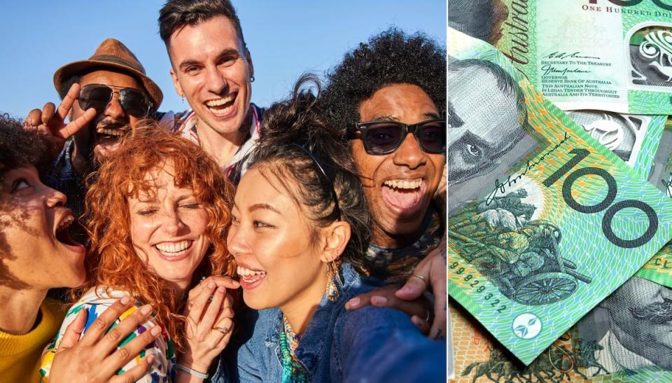 Compilation image of group of friends smiling and Australia $100 notes