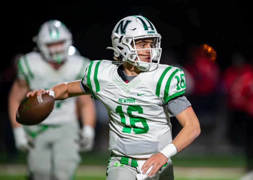 Quarterback Arch Manning 16 throws a pass as Newman takes on Lafayette Christian Academy in the LHSAA Div III semi finals.  Wednesday, Nov. 24, 2021.