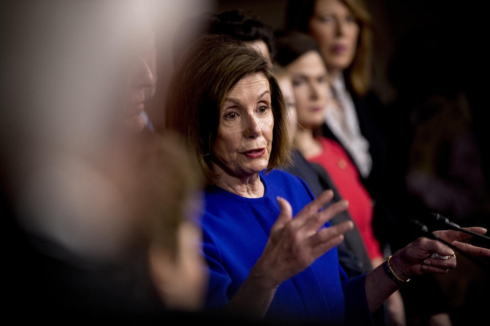 House Speaker Nancy Pelosi of Calif., speaks at a news conference to discuss the United States Mexico Canada Agreement (USMCA) trade agreement, Tuesday, Dec. 10, 2019, on Capitol Hill in Washington. (AP Photo/Andrew Harnik)