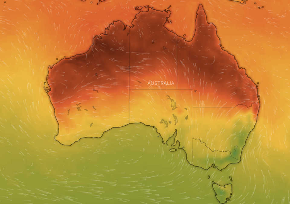 A weather map from Windy.com shows Australia's northern parts undergoing a significant increase in temperature on Thursday.