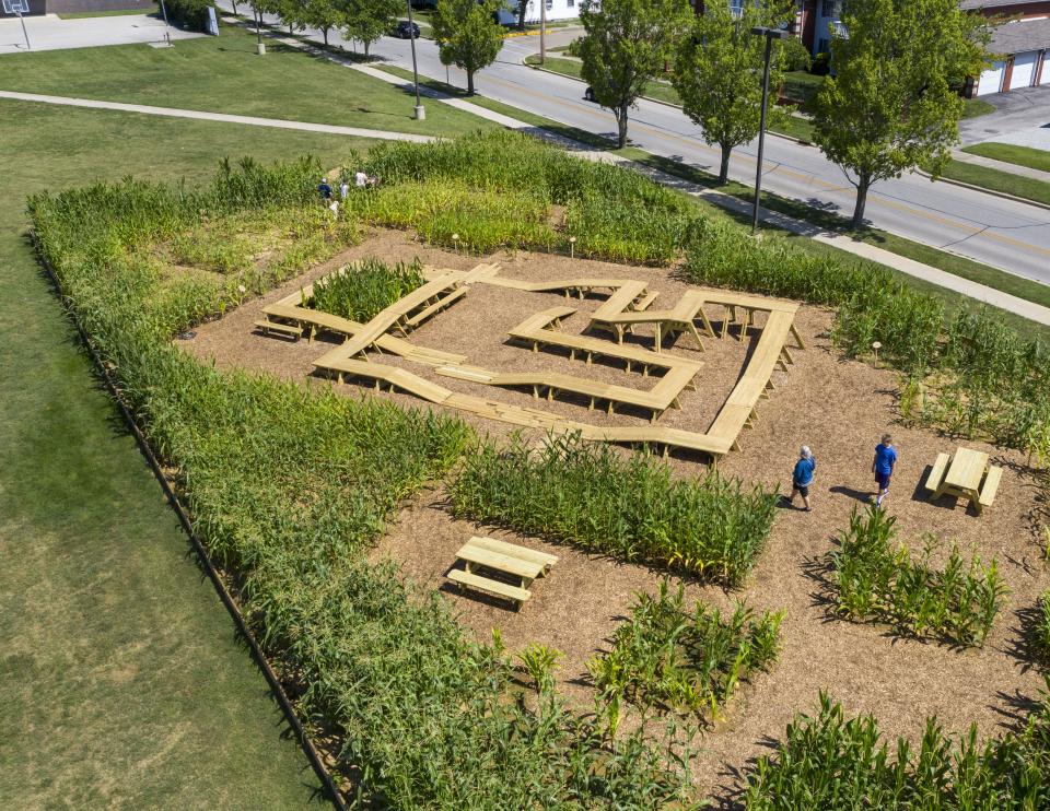 Designed by MASS Design Group for Exhibit Columbus, Corn/Meal is a 100-by-150-foot corn maze that was planted from 10,000 seeds this past summer. The corn will go unharvested through its seasonal life cycle.