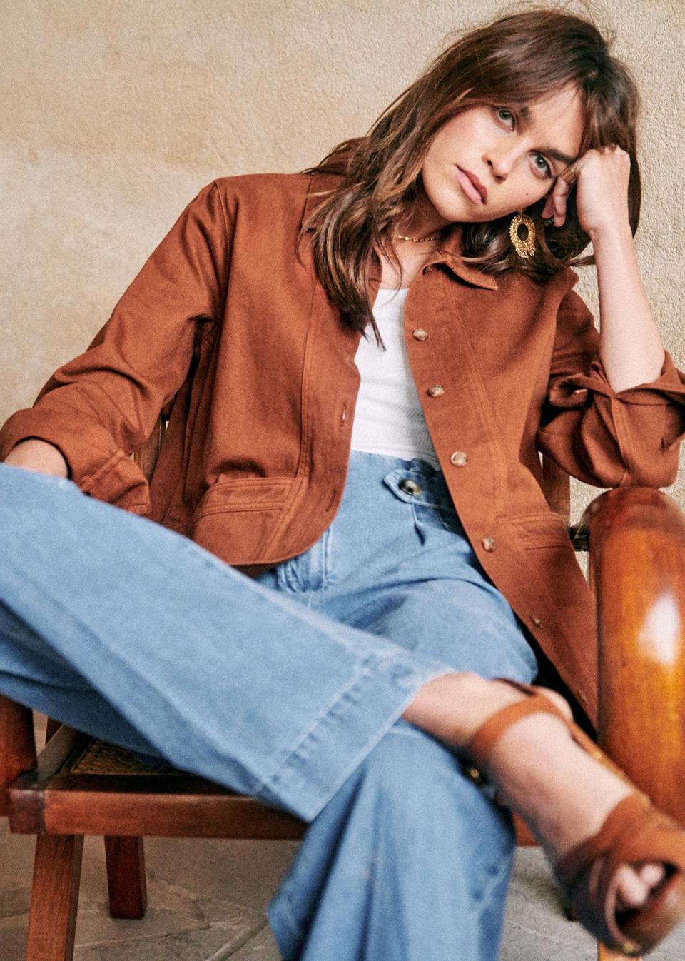 Sezane camel shackets look great teamed with blue jeans (Sezane)